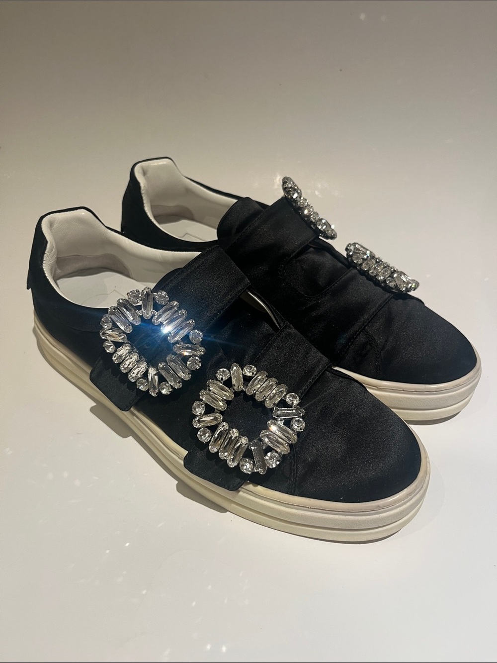 Roger Vivier Satin Slip-On Sneakers with Crystal Buckles